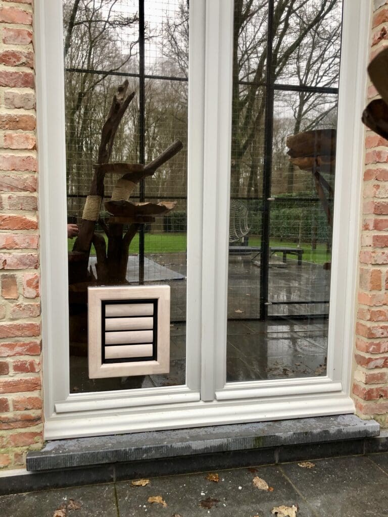 Houten kattenluik gemaakt door Tomsgates geïnstalleerd in een raam van een rustieke woning met een kattenren en krabpaal voor katten