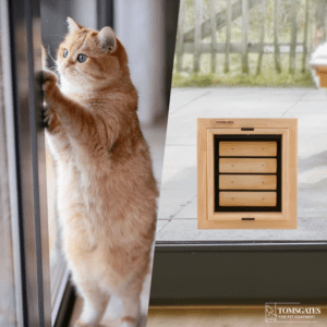 Cat flap installed in double insulated glass of a sliding window by Tomsgates. draught-free and burglar-proof.